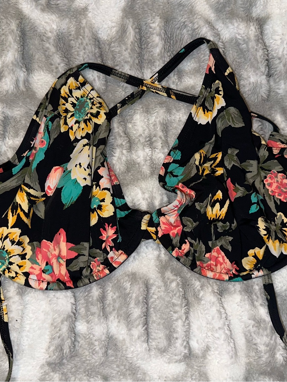 Black Floral Bikini Top with Crossback Straps
